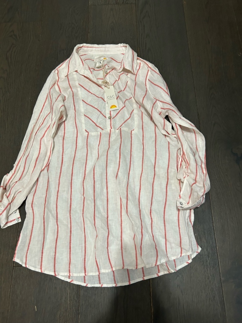 C&C California Tunic Linen Top Popover Roll Sleeve NWT Lagenlook Coastal Clean M